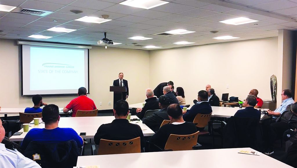 President Tom JeBran addresses Trans-Bridge Lines bus drivers during a Safety Week session at the Port Authority Bus Terminal meeting room in New York City on Tuesday, April 23.